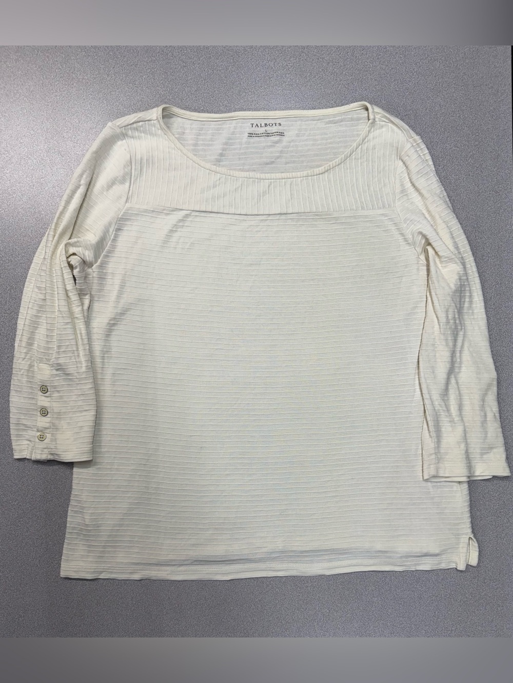 Talbots Ottoman Cream 3/4 Sleeve Boat Neck Ribbed Button Sleeve Pima Cotton Top